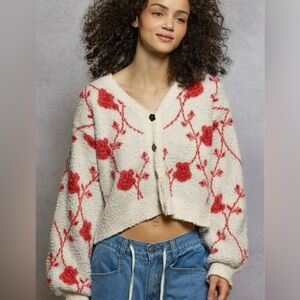 POL NWT Berber Cardigan with a Diamond Floral Print in Cream/Red Size Large